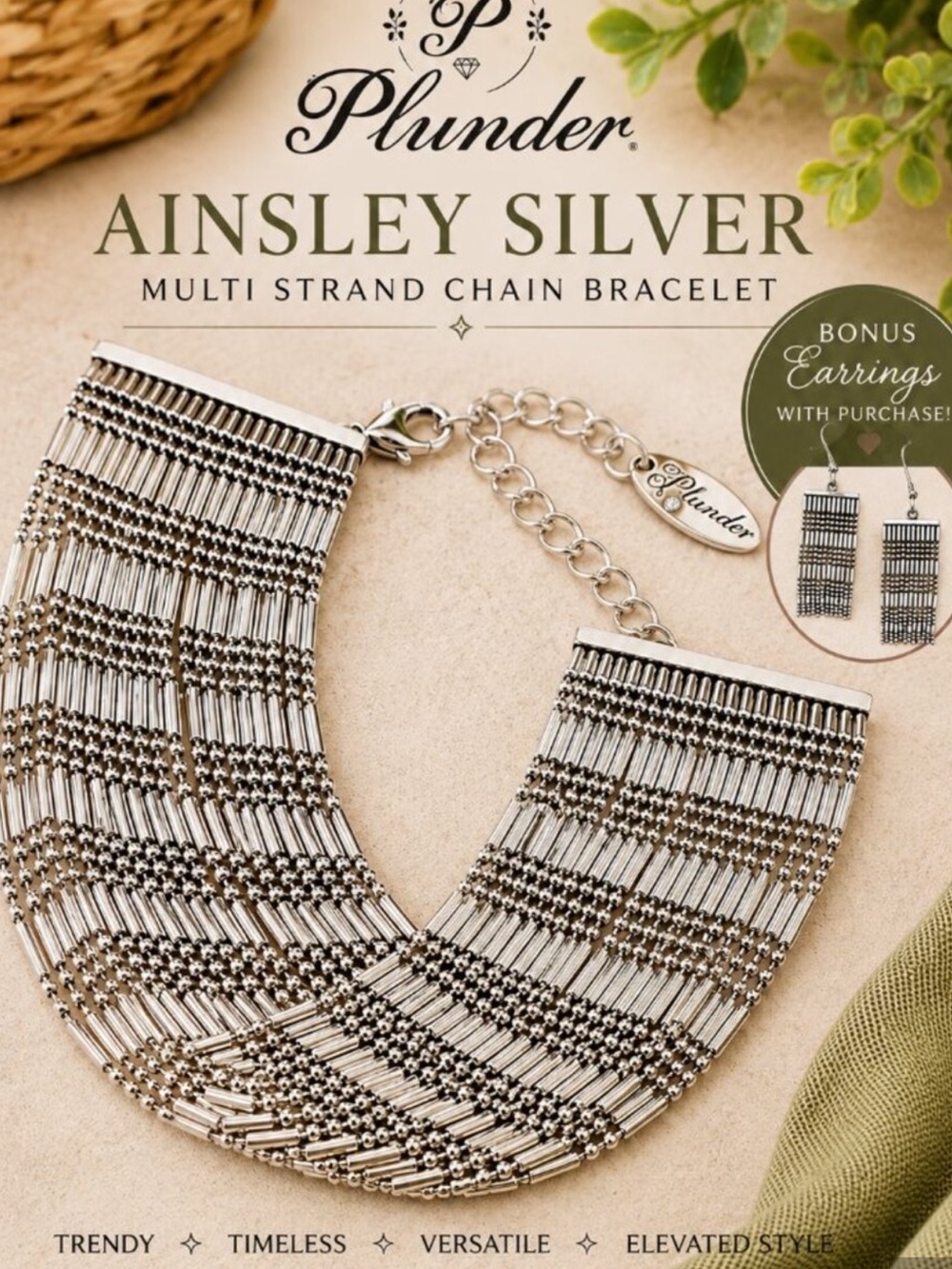 Plunder Design Ainsley Silver Multi Strand Chain Bracelet & earrings set sliver